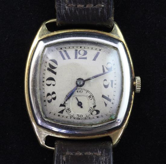 A gentlemans stylish mid 1920s 18ct gold manual wind wrist watch,